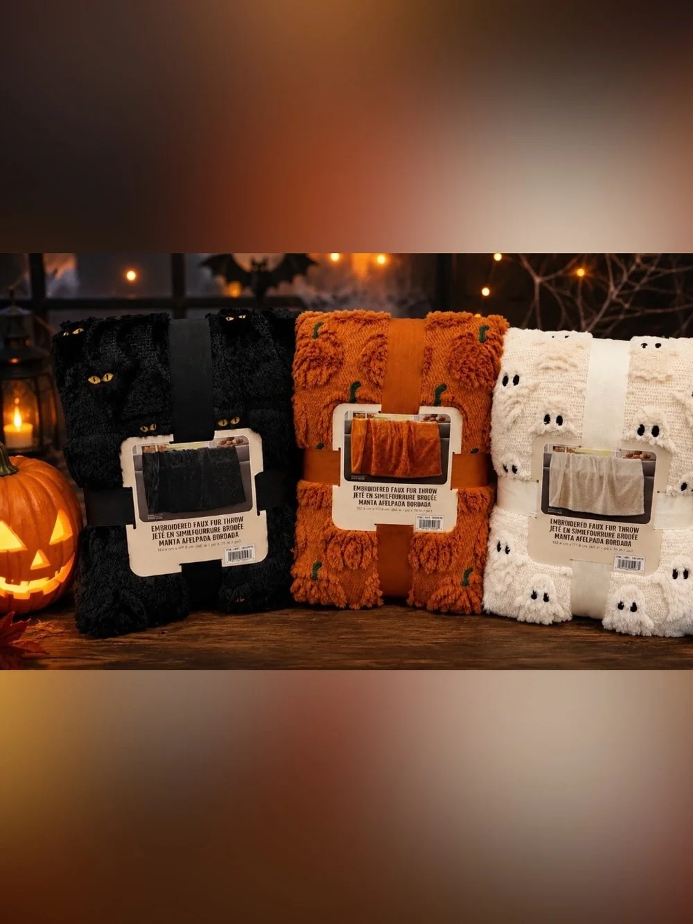 Costco Halloween Ghost Cat Pumpkin Faux Fur Throw NWT Viral 3 Piece set